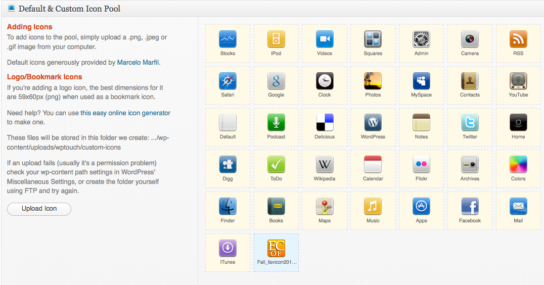 Screenshot of Icon Pool in WPtouch settings section