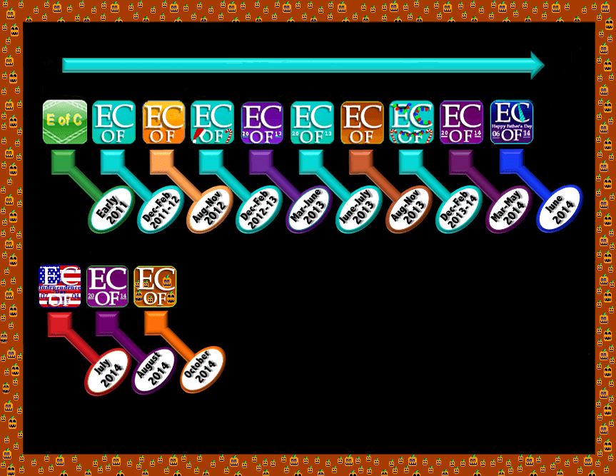 Timeline for "E of C" Home Screen Icon design progression. Includes new addition and design tweak to "E of C" Timeline on October 16, 2014. Slight Orange and Brown background with white colored font along with Pumpkins integrated into the scene.