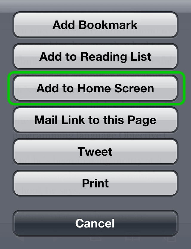 This image is highlighting in Green the "Add to Homescreen" Selection from the six menu choices. 