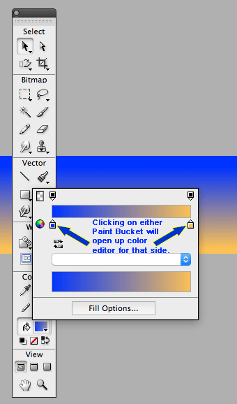 Figure 10.2: Screenshot of two new paint buckets on linear gradient with arrows.