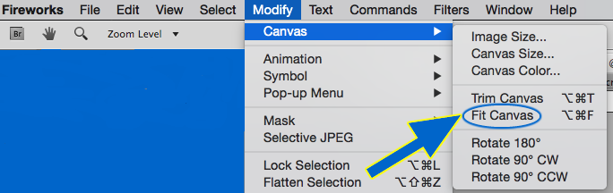 Screenshot of Pointer in Fireworks pointing to Fit Canvas selection from List.