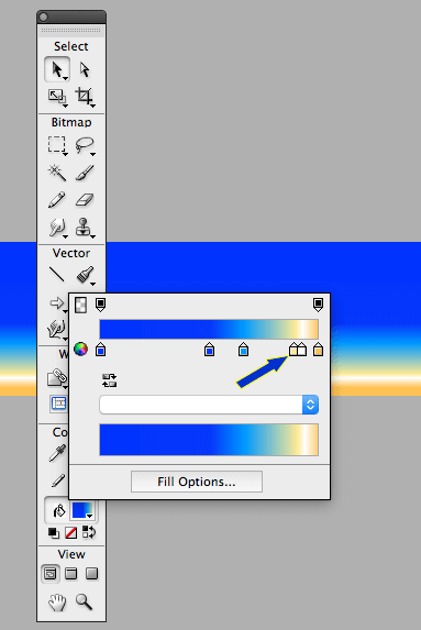 Figure 10.6: A Screenshot of Blue arrow pointing at our sixth paint bucket located to the left of our fifth, white colored bucket.