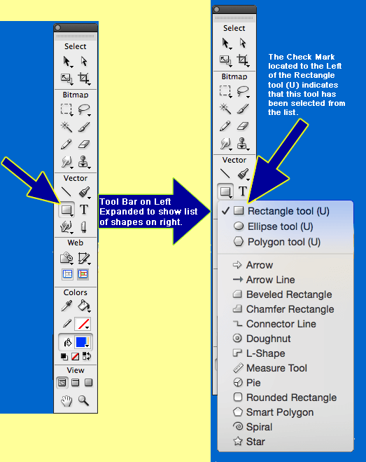 Expanded view of Vector section of Tools for choosing a rectangle shape.