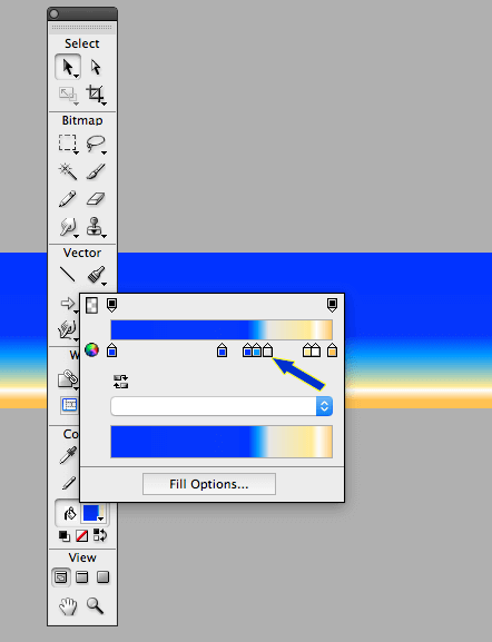 Figure 11.0: A screenshot of a blue arrow pointing at paint bucker eight on the linear gradient.